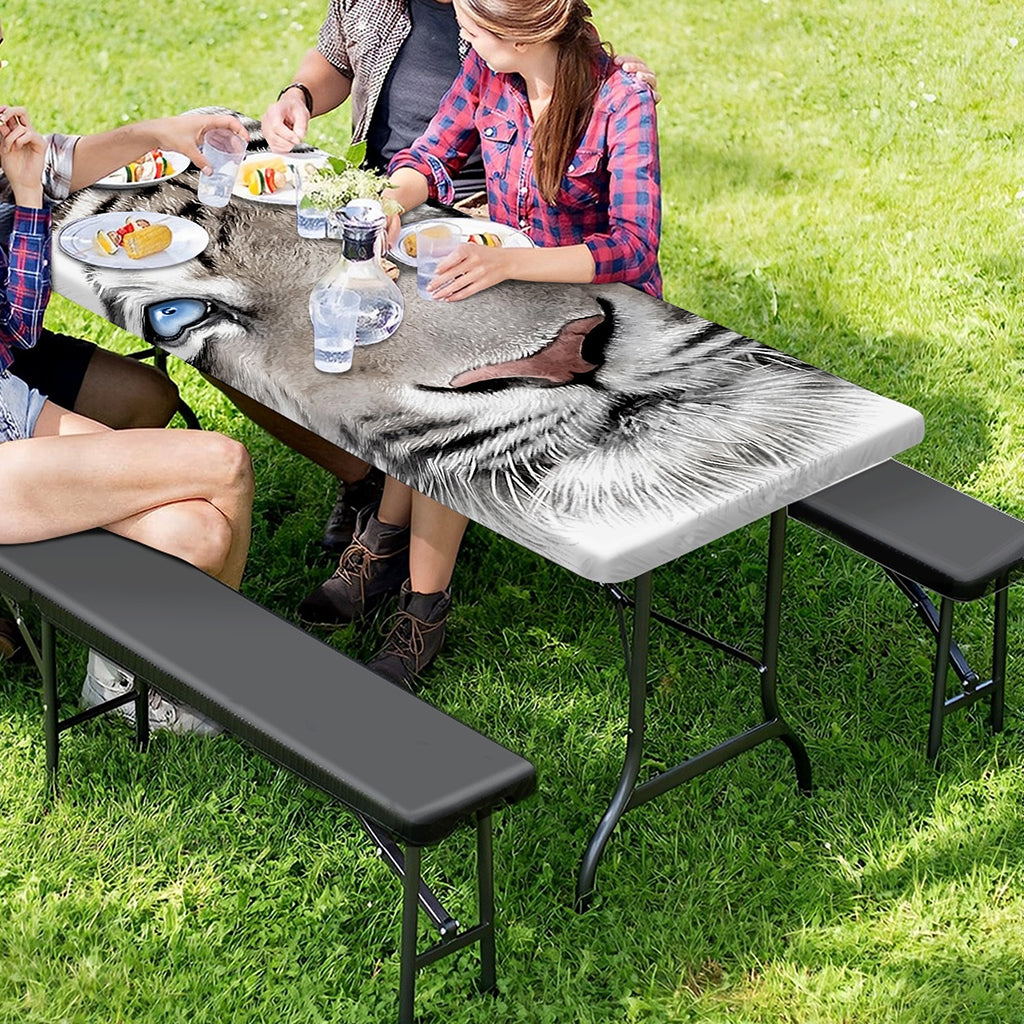White Tiger Portrait Print Picnic Table Cover