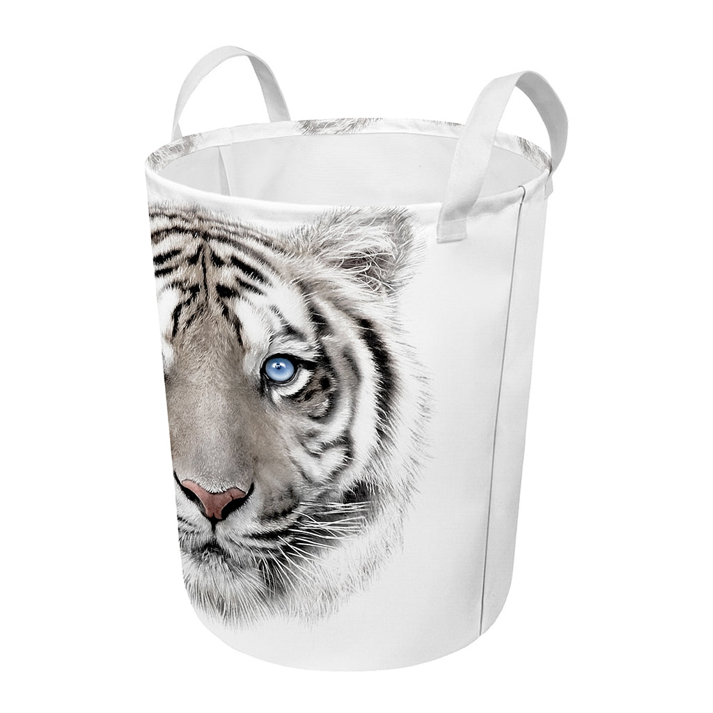 White Tiger Portrait Print Round Laundry Basket