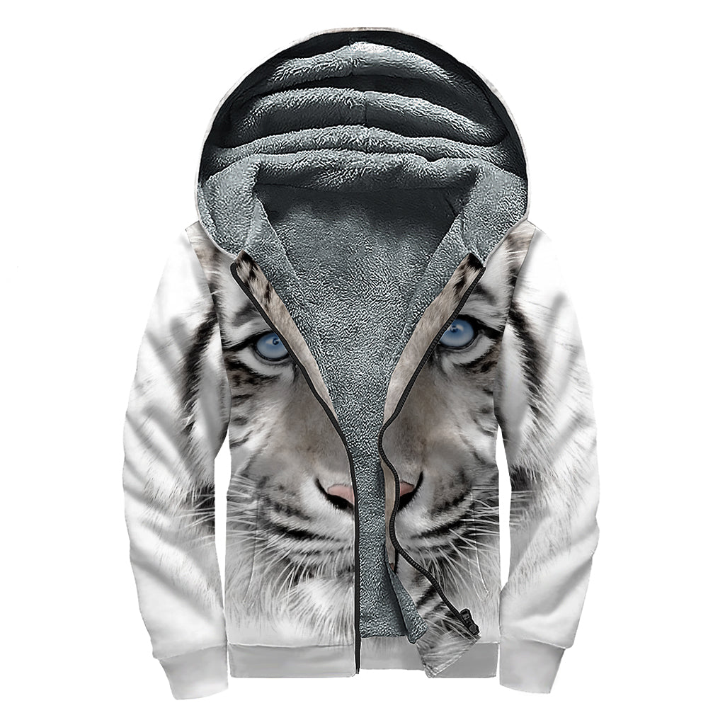 White Tiger Portrait Print Sherpa Lined Zip Up Hoodie
