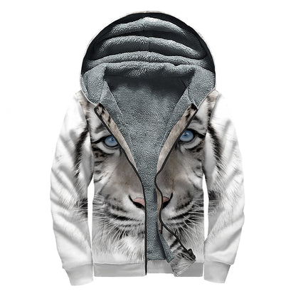 White Tiger Portrait Print Sherpa Lined Zip Up Hoodie