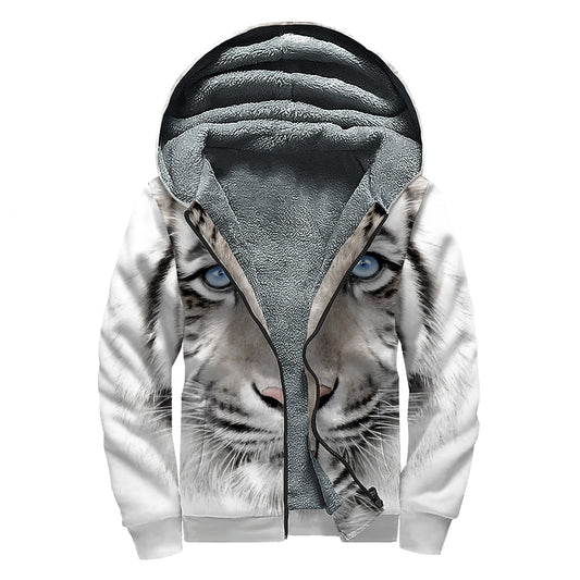 White Tiger Portrait Print Sherpa Lined Zip Up Hoodie