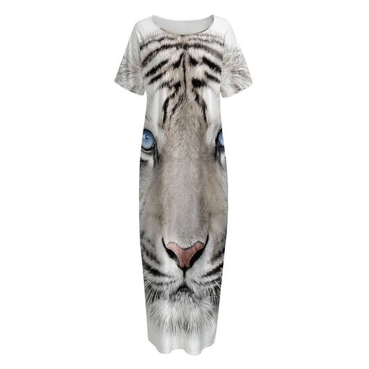 White Tiger Portrait Print Short Sleeve Long Nightdress