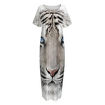 White Tiger Portrait Print Short Sleeve Long Nightdress