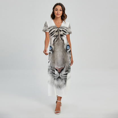 White Tiger Portrait Print Short Sleeve Maxi Dress