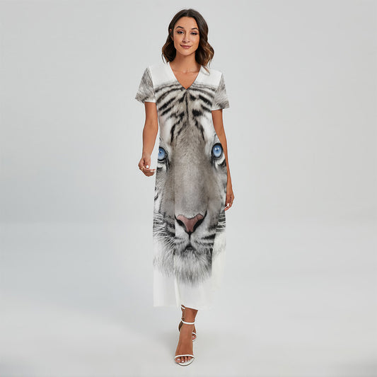 White Tiger Portrait Print Short Sleeve Maxi Dress