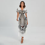 White Tiger Portrait Print Short Sleeve Maxi Dress
