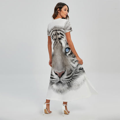 White Tiger Portrait Print Short Sleeve Maxi Dress