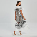 White Tiger Portrait Print Short Sleeve Maxi Dress