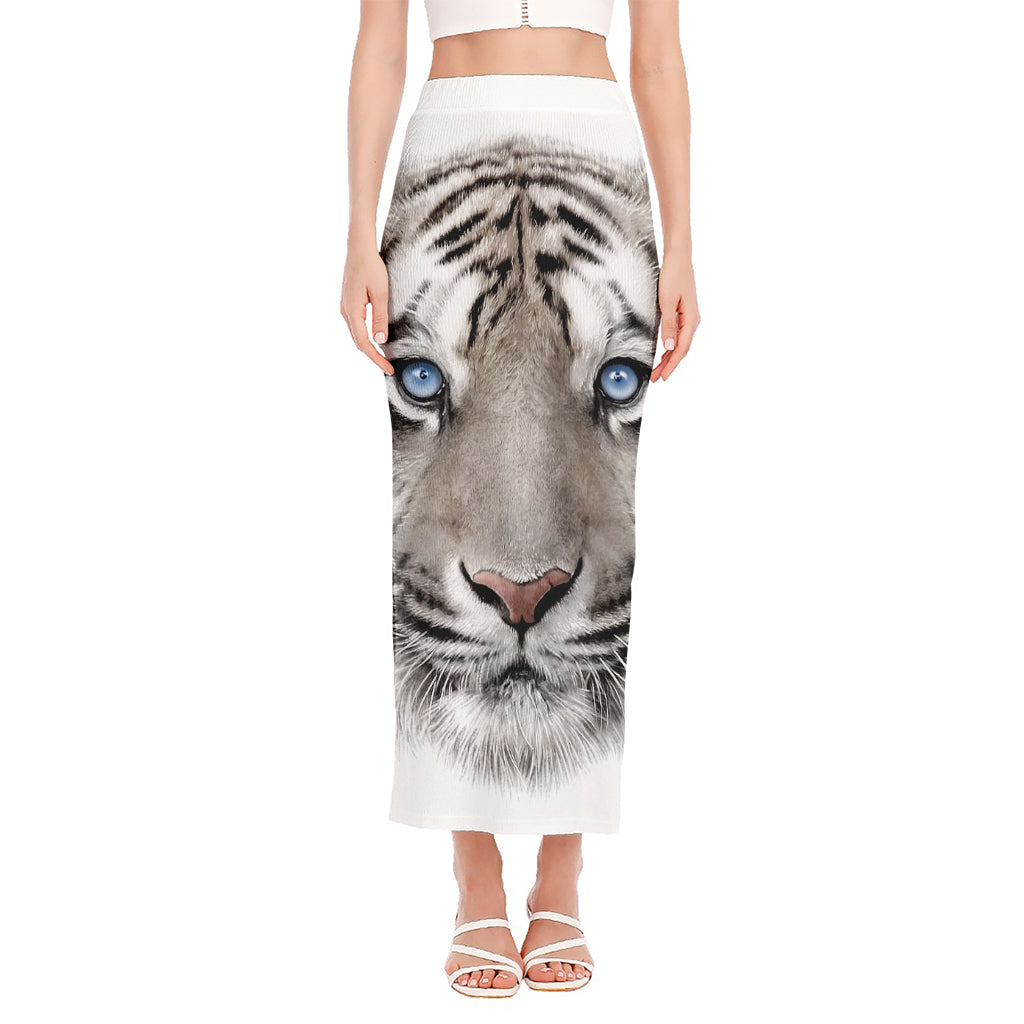 White Tiger Portrait Print Side Slit Maxi Skirt