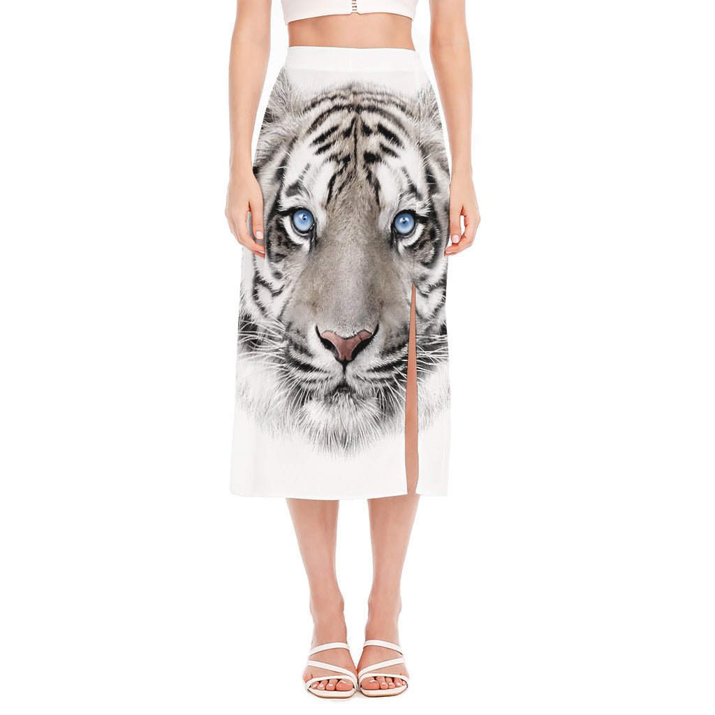 White Tiger Portrait Print Side Slit Midi Skirt