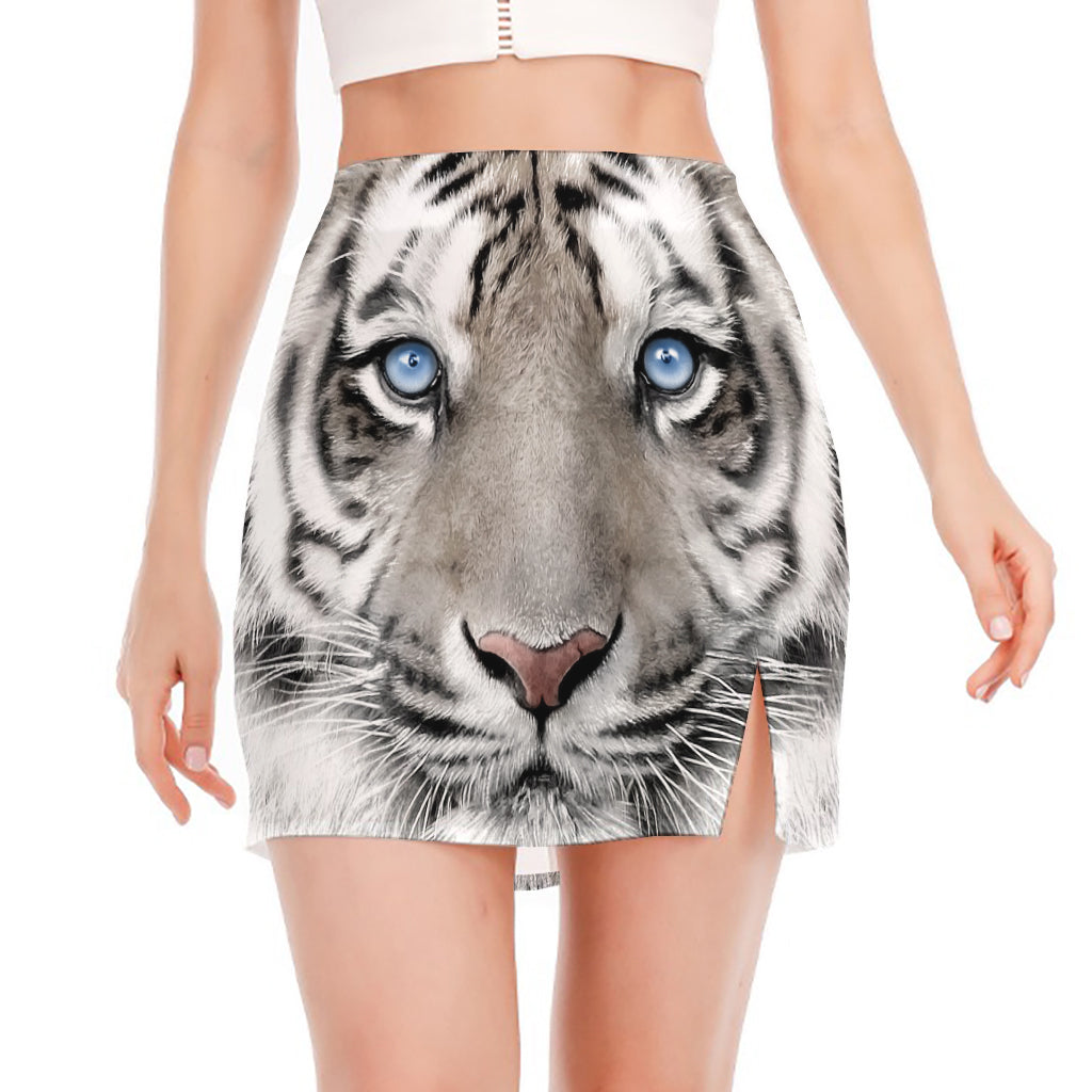 White Tiger Portrait Print Side Slit Mini Skirt