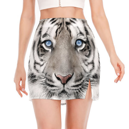 White Tiger Portrait Print Side Slit Mini Skirt