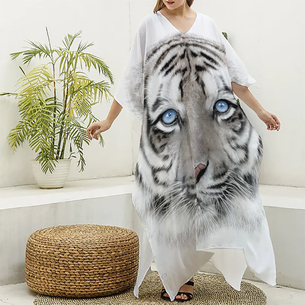 White Tiger Portrait Print Silk V-Neck Kaftan Dress