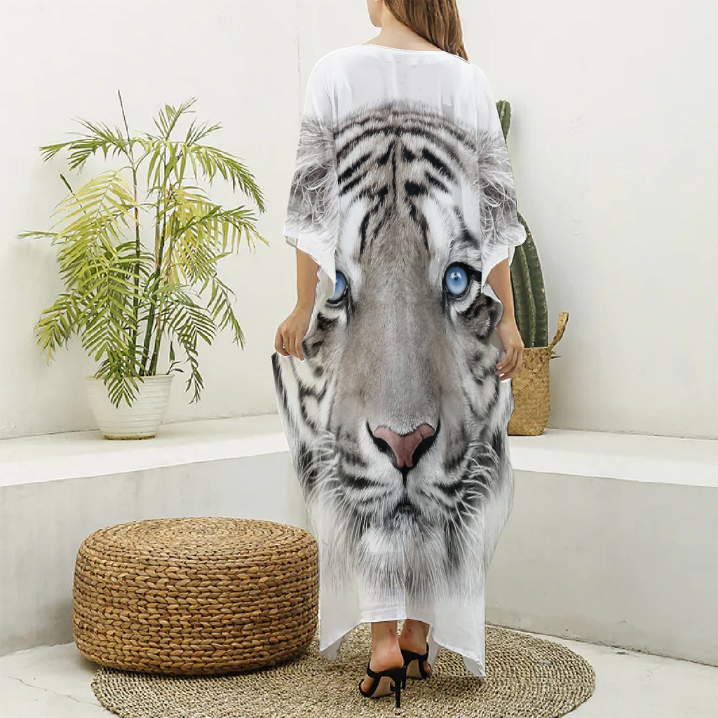 White Tiger Portrait Print Silk V-Neck Kaftan Dress