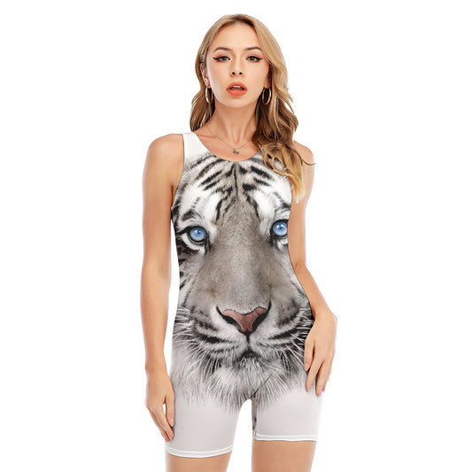 White Tiger Portrait Print Sleeveless One Piece Swimsuit