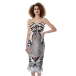 White Tiger Portrait Print Slim Fit Midi Cami Dress