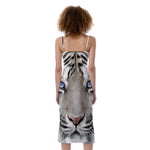 White Tiger Portrait Print Slim Fit Midi Cami Dress