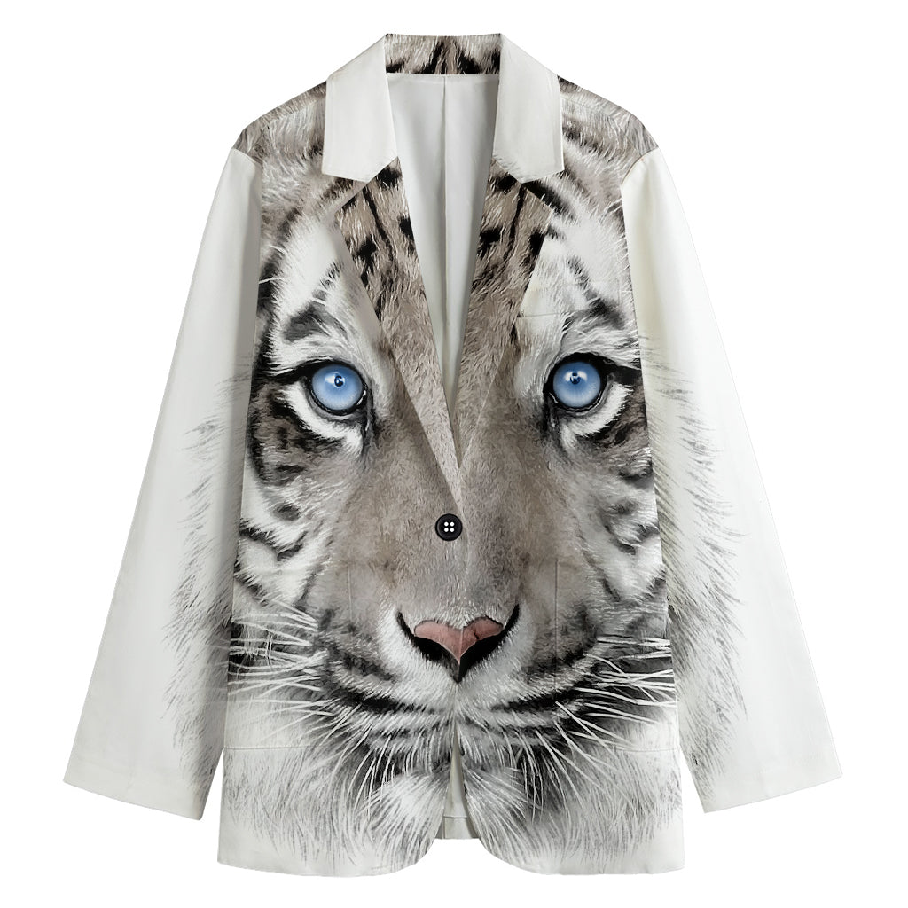 White Tiger Portrait Print Women's Cotton Blazer