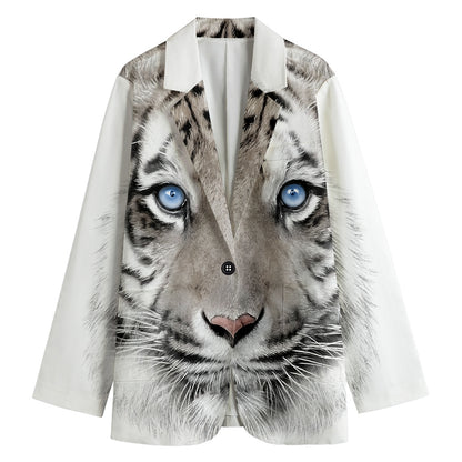 White Tiger Portrait Print Women's Cotton Blazer