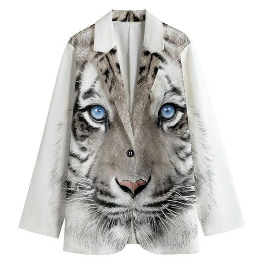 White Tiger Portrait Print Women's Cotton Blazer