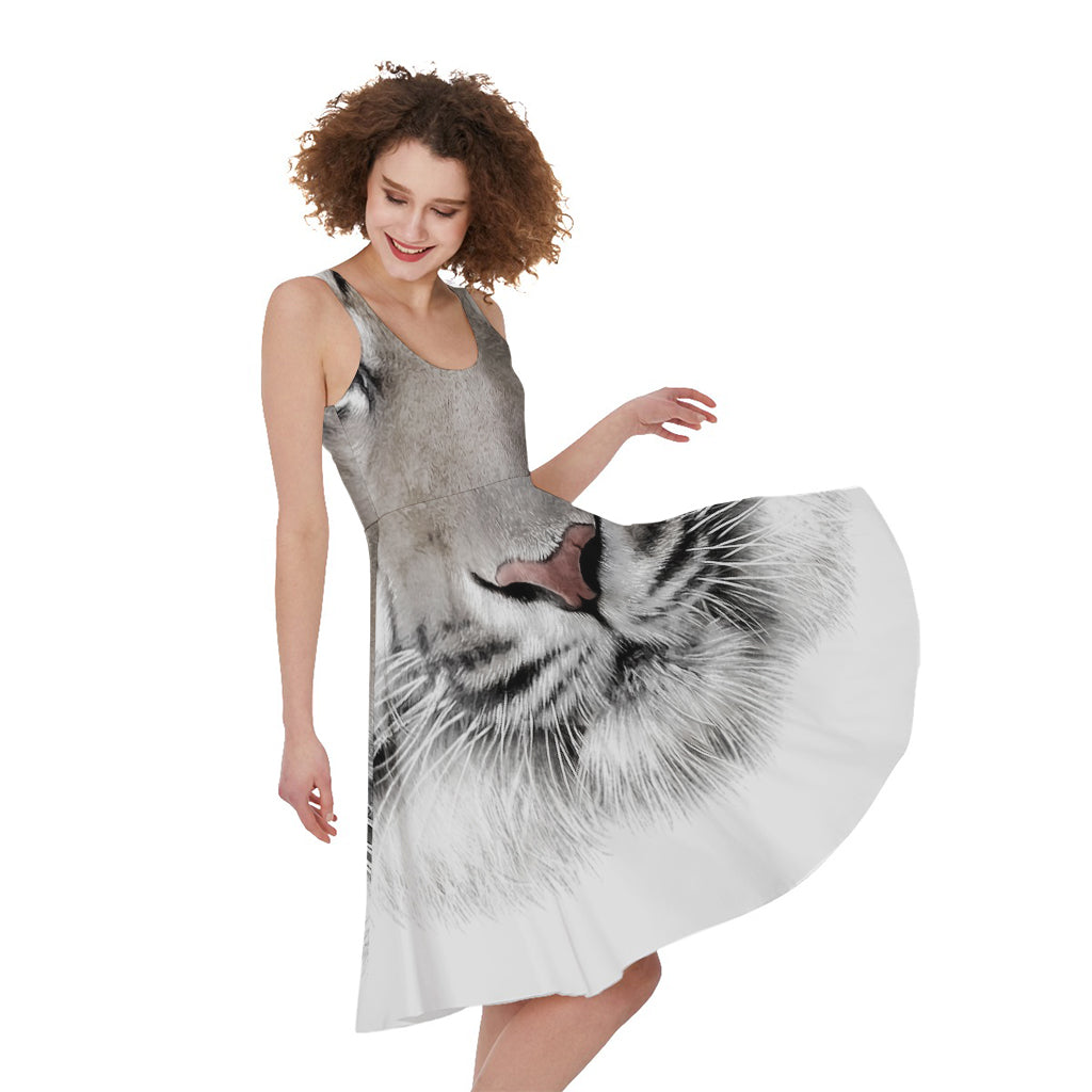 White Tiger Portrait Print Women's Sleeveless Dress