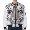 White Tiger Portrait Print Zip Sleeve Bomber Jacket