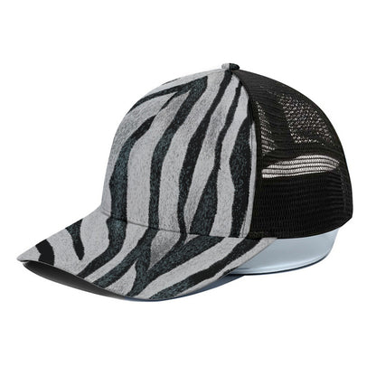 White Tiger Stripe Pattern Print Black Mesh Trucker Cap