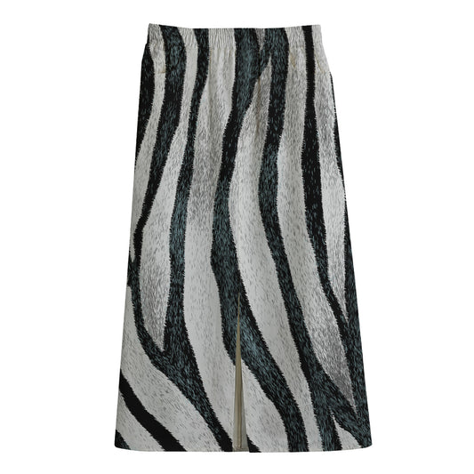White Tiger Stripe Pattern Print Cotton Front Slit Maxi Skirt
