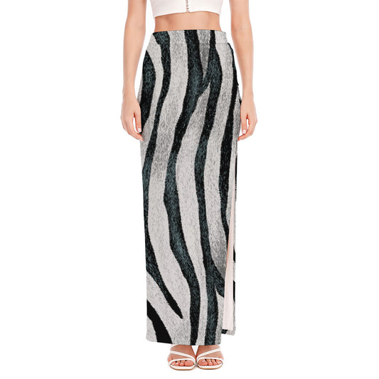 White Tiger Stripe Pattern Print High Slit Maxi Skirt