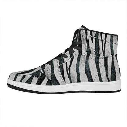 White Tiger Stripe Pattern Print High Top Leather Sneakers