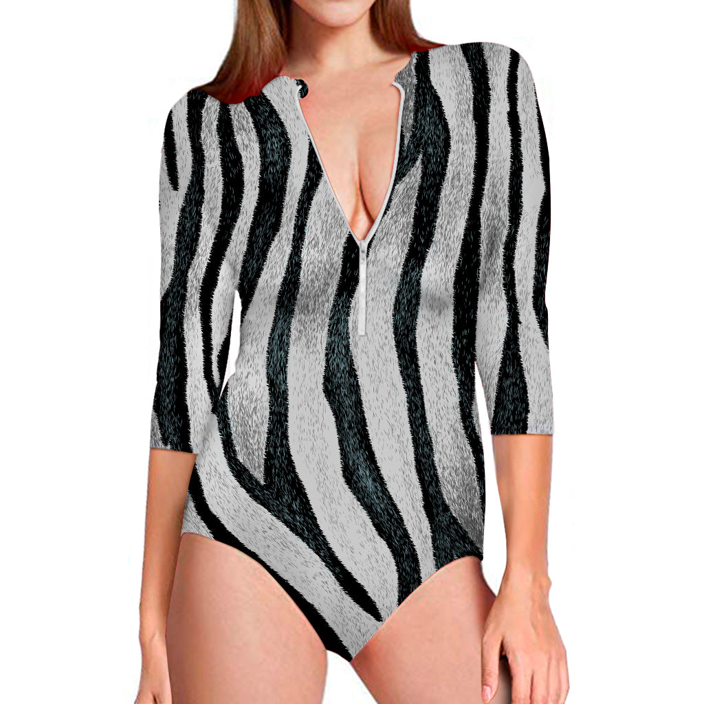 White Tiger Stripe Pattern Print Long Sleeve Swimsuit
