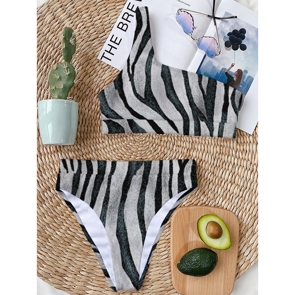 White Tiger Stripe Pattern Print One Shoulder Bikini Top