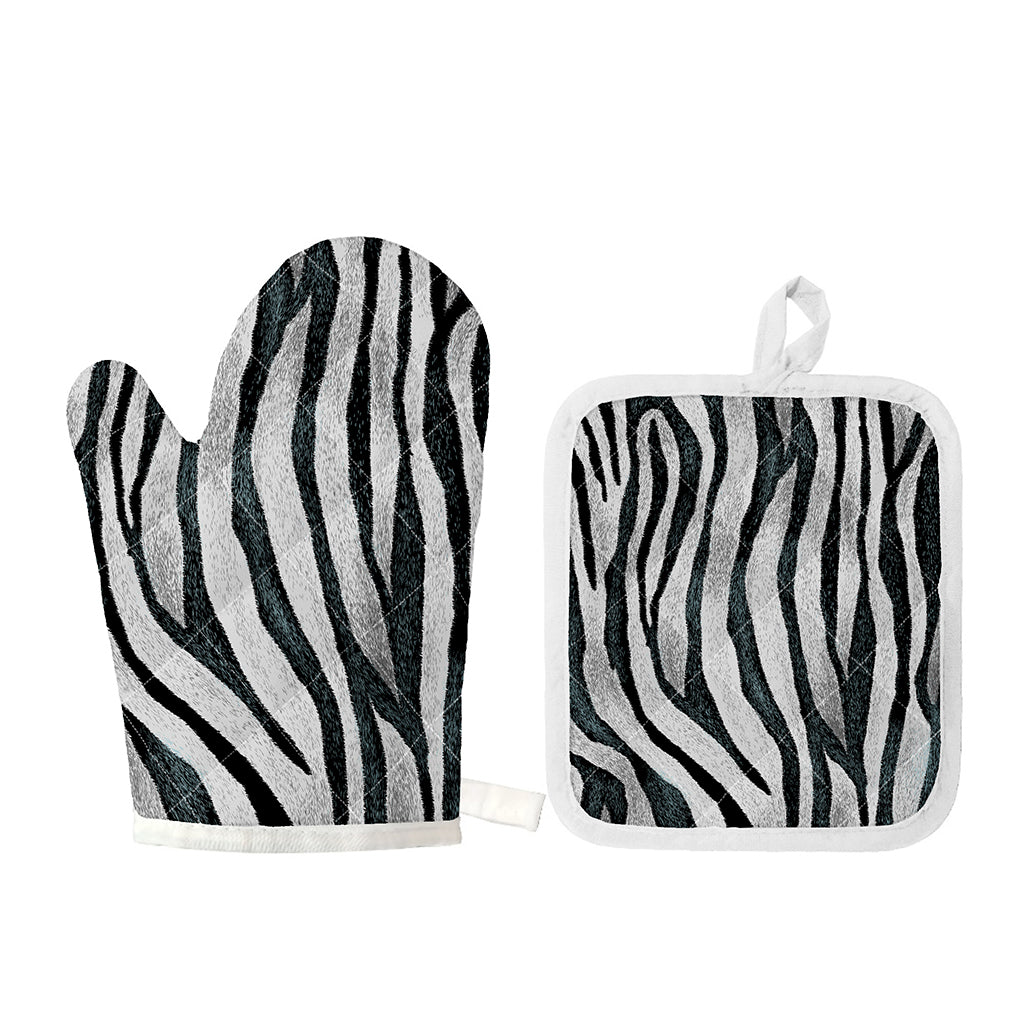 White Tiger Stripe Pattern Print Oven Mitt And Pot Holder Set