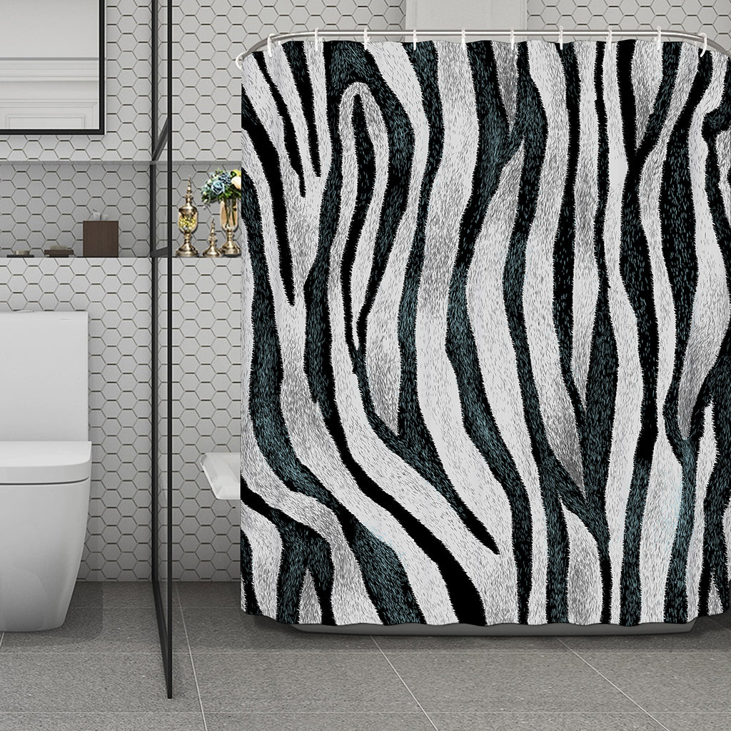 White Tiger Stripe Pattern Print Polyester Shower Curtain