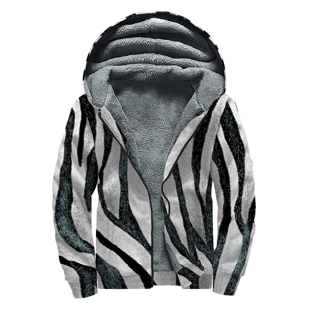 White Tiger Stripe Pattern Print Sherpa Lined Zip Up Hoodie