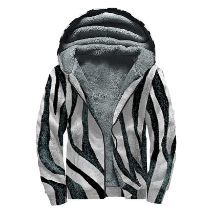 White Tiger Stripe Pattern Print Sherpa Lined Zip Up Hoodie
