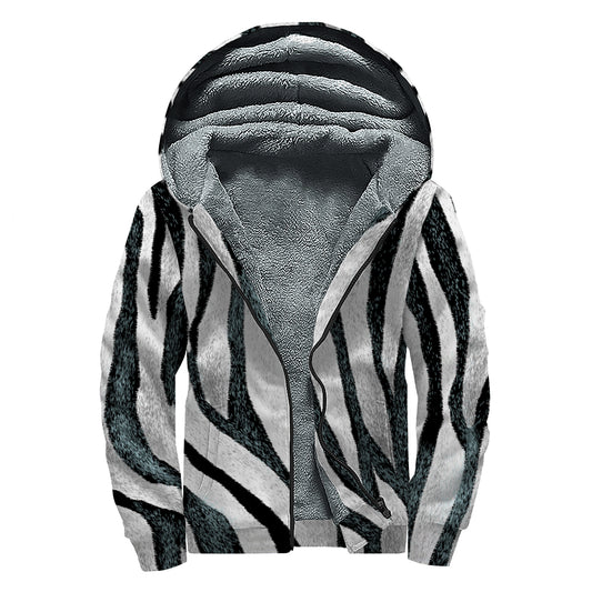 White Tiger Stripe Pattern Print Sherpa Lined Zip Up Hoodie
