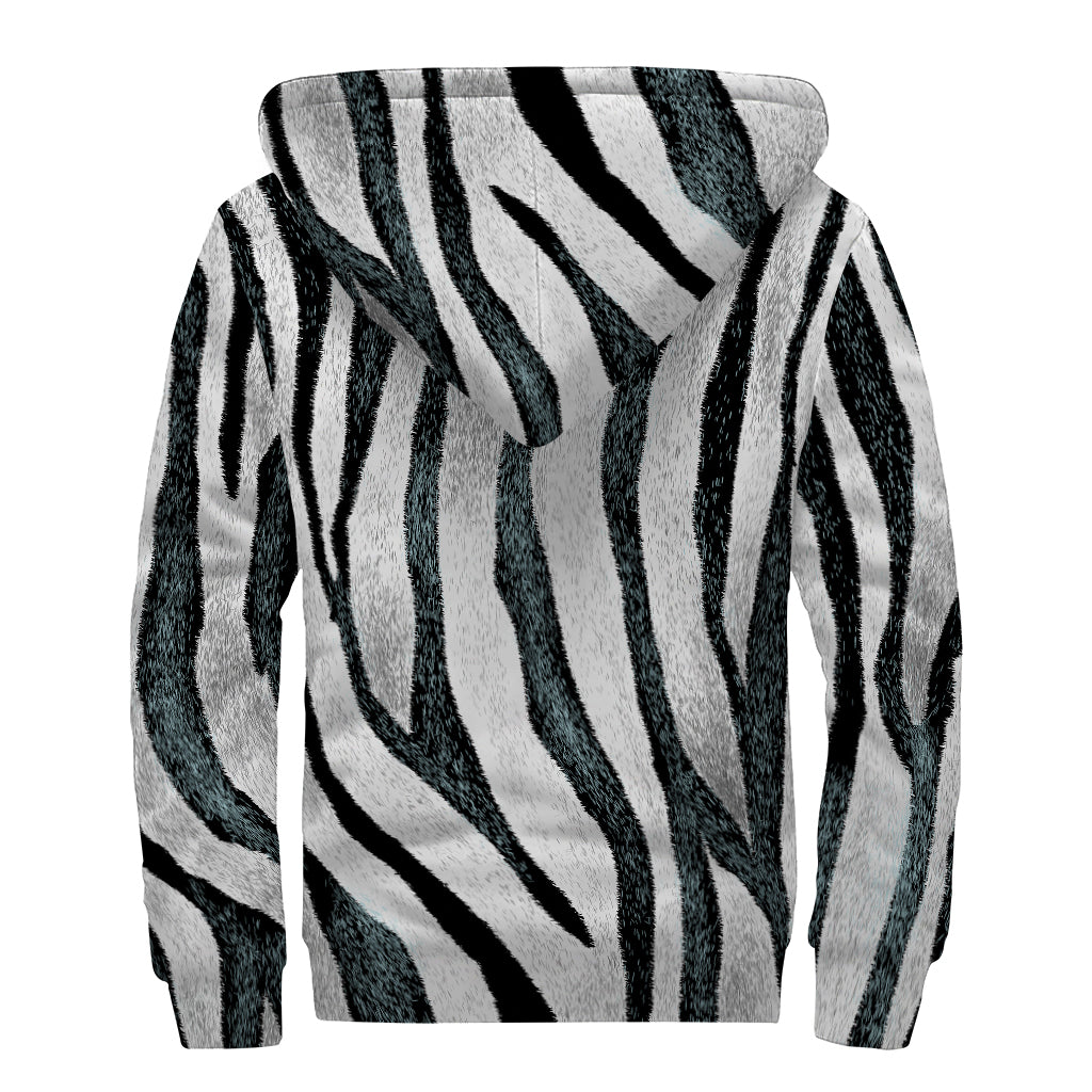 White Tiger Stripe Pattern Print Sherpa Lined Zip Up Hoodie