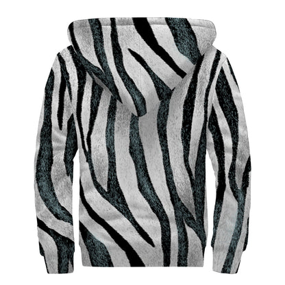White Tiger Stripe Pattern Print Sherpa Lined Zip Up Hoodie