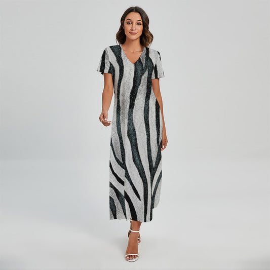 White Tiger Stripe Pattern Print Short Sleeve Maxi Dress