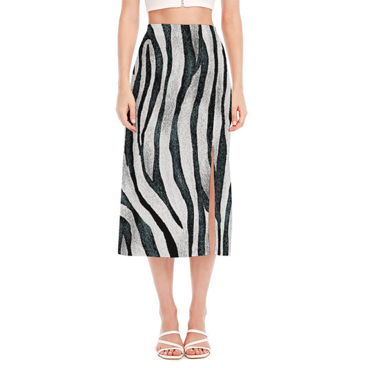White Tiger Stripe Pattern Print Side Slit Midi Skirt