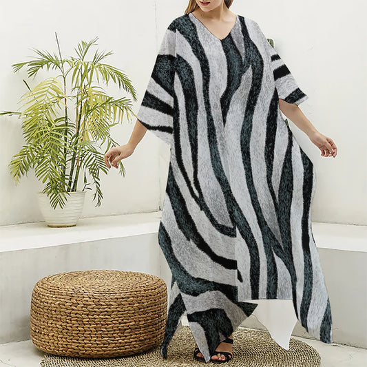 White Tiger Stripe Pattern Print Silk V-Neck Kaftan Dress