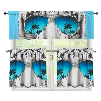 White Tiger With Sunglasses Print 3 Piece Kitchen Curtains