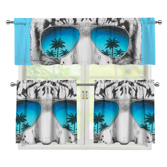 White Tiger With Sunglasses Print 3 Piece Kitchen Curtains