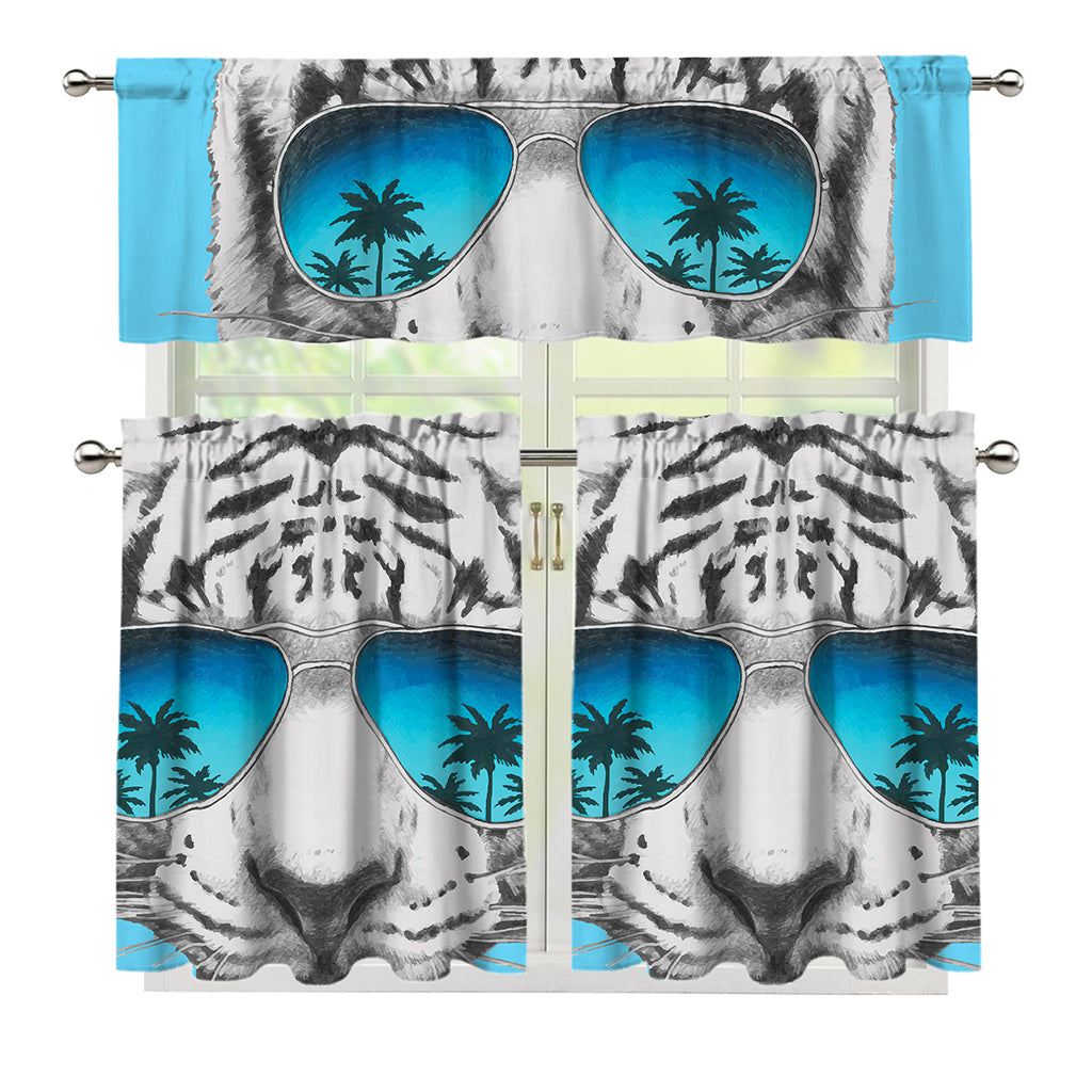 White Tiger With Sunglasses Print 3 Piece Kitchen Curtains