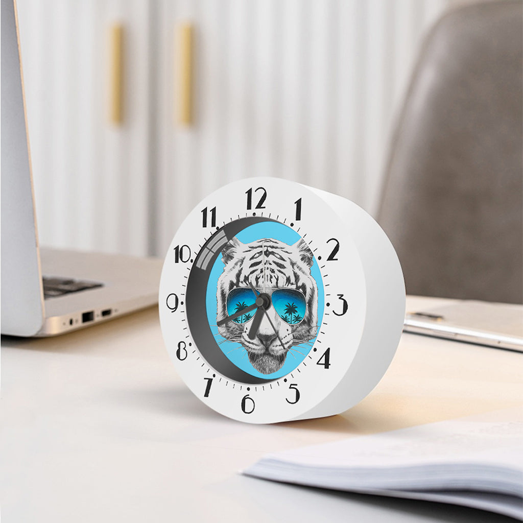White Tiger With Sunglasses Print Alarm Clock