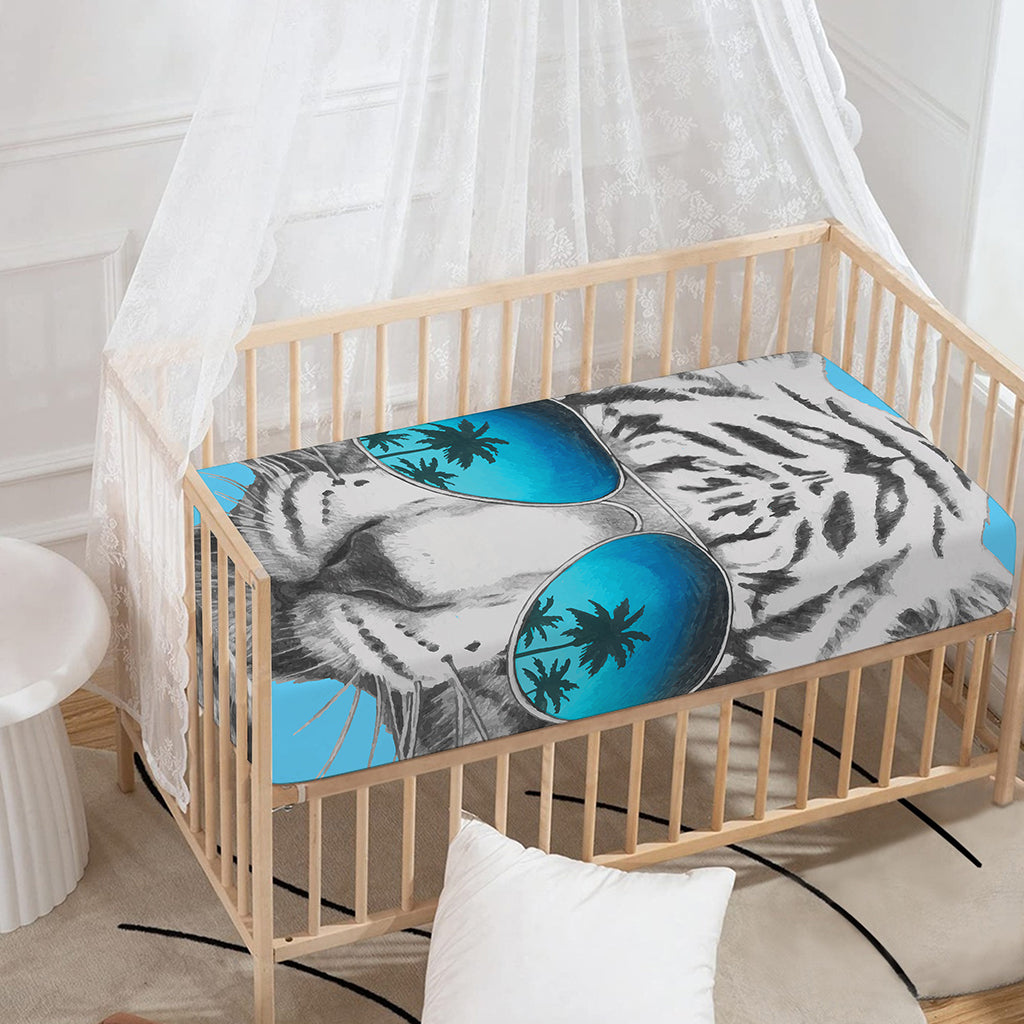 White Tiger With Sunglasses Print Baby Crib Sheet