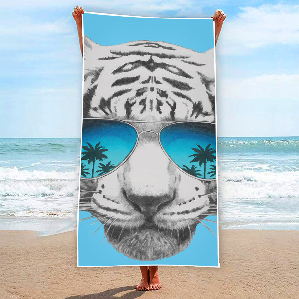 White Tiger With Sunglasses Print Beach Towel