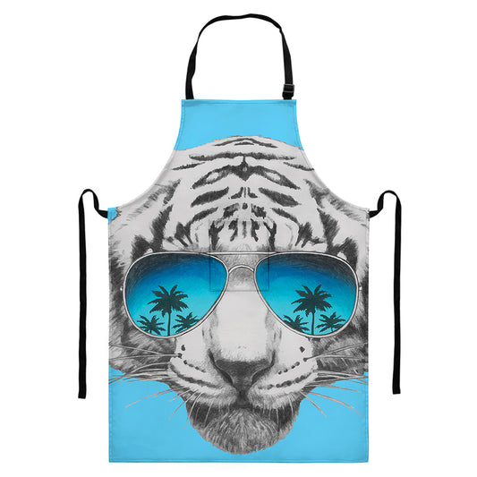 White Tiger With Sunglasses Print Bib Apron With Pocket