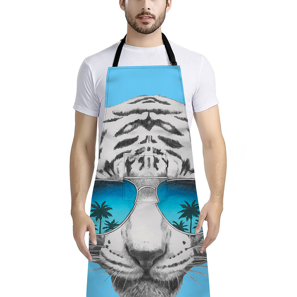 White Tiger With Sunglasses Print Bib Apron With Pocket